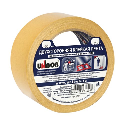 Двусторонняя клейкая лента UNIBOB, 50 мм × 25 м, полипропиленовая основа от производителя в Кирове