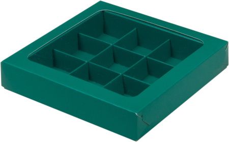 коробка бум. 155х155х30 для 9 конфет зеленая матовая с окном